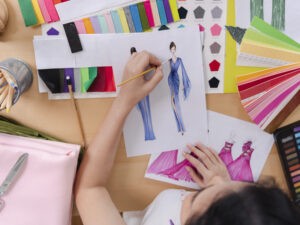 fashion designer stylish drawings sketches textile fabric materi