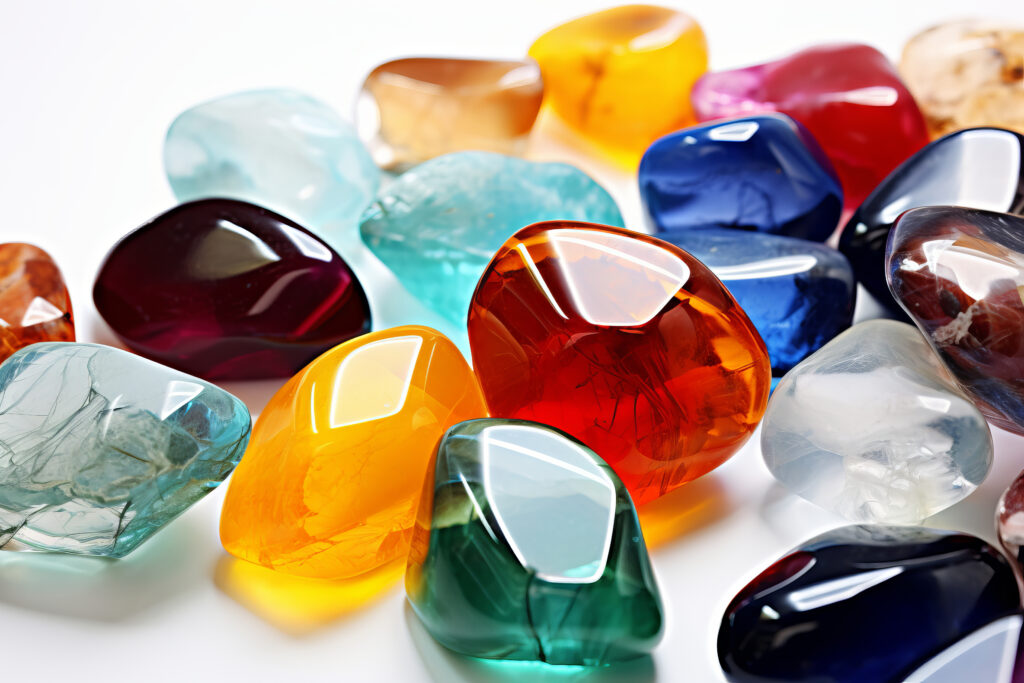 A stock photo of а several colorful rocks on a white surface, i