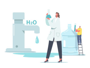 Chemicals in Water Concept. Tiny Scientist Female Character in White Lab Coat Hold Beaker Research Water in Laboratory