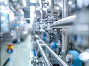 A clean and organized pharmaceutical plant where steel pipelines and valves are part of a sterile environment