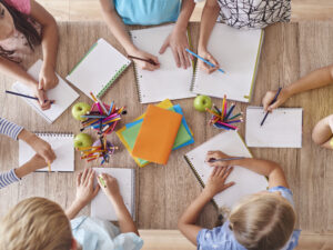 High angle view of drawing kids